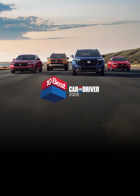 2026 Honda Accord, Passport, CR-V and Civic Sedan front view driving on a coastal street with overlapping Car and Driver 10Best logo