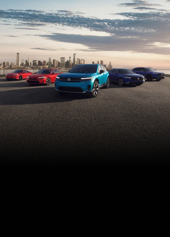 2026 Honda Prelude Hybrid, Civic Sedan, Prologue, Accord, and CR-V front view with a city skyline at sunset.