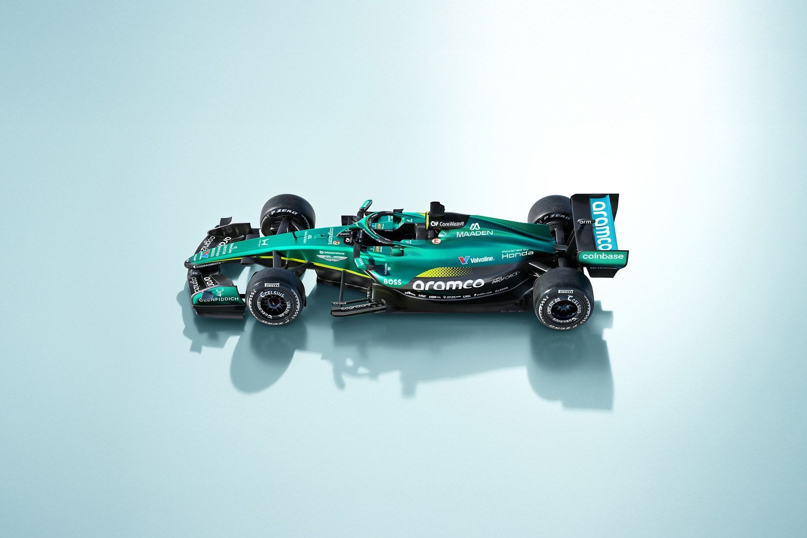 2026 Aramco Aston Martin Formula 1 car powered by Honda, studio side profile with racing livery and sponsor logos.